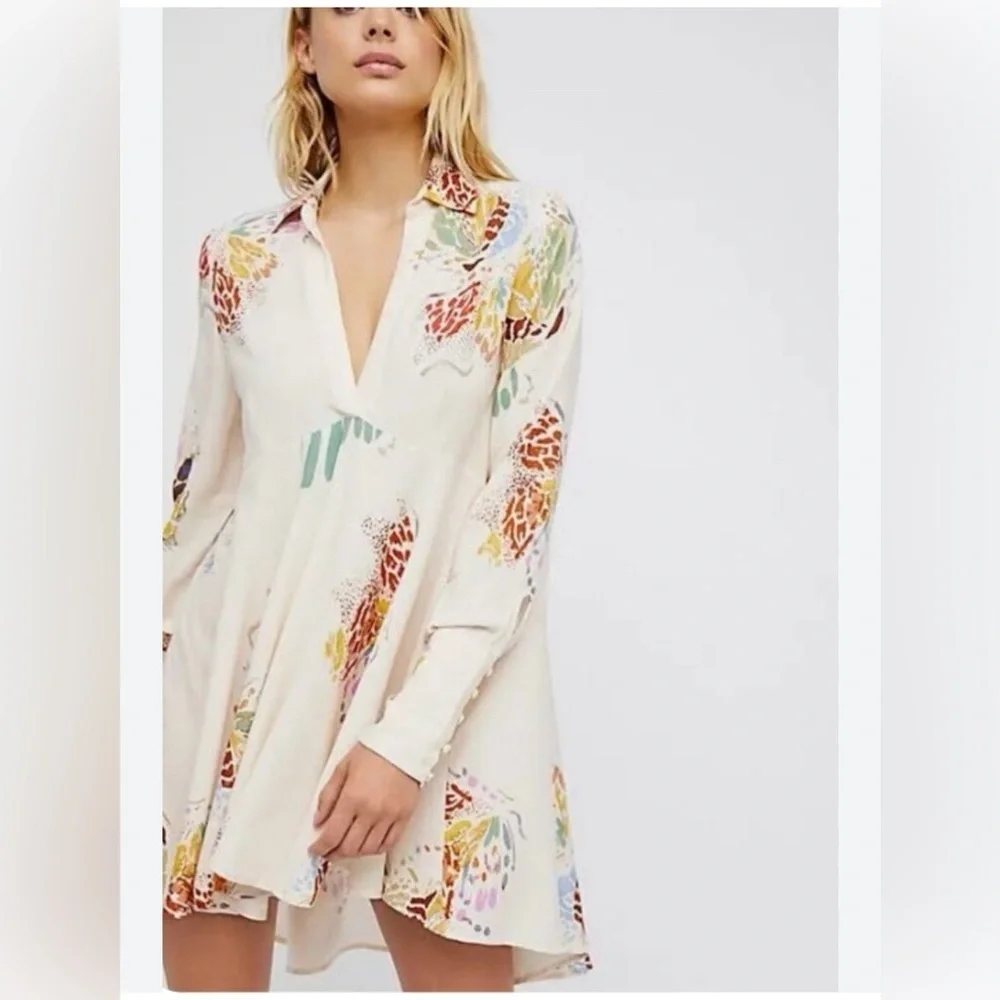 FREE PEOPLE Hi Lo Tunic Field of Butterflies Blouse Top Small XS